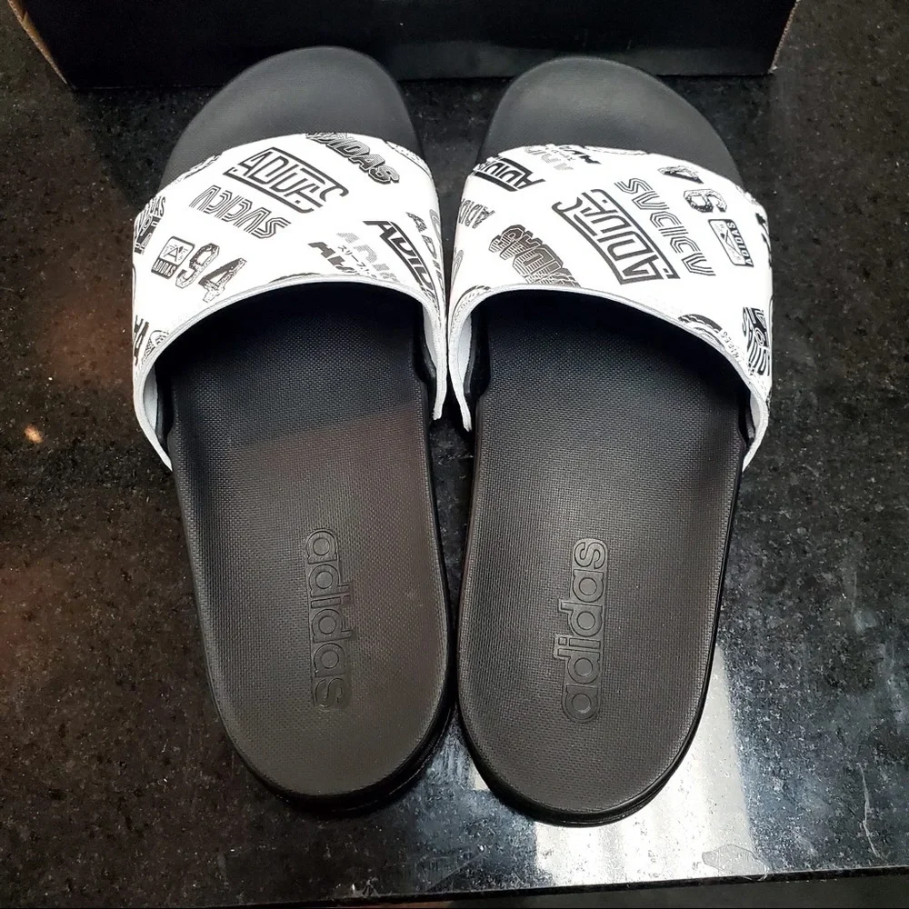 Sz 8 adidas slides white & black
